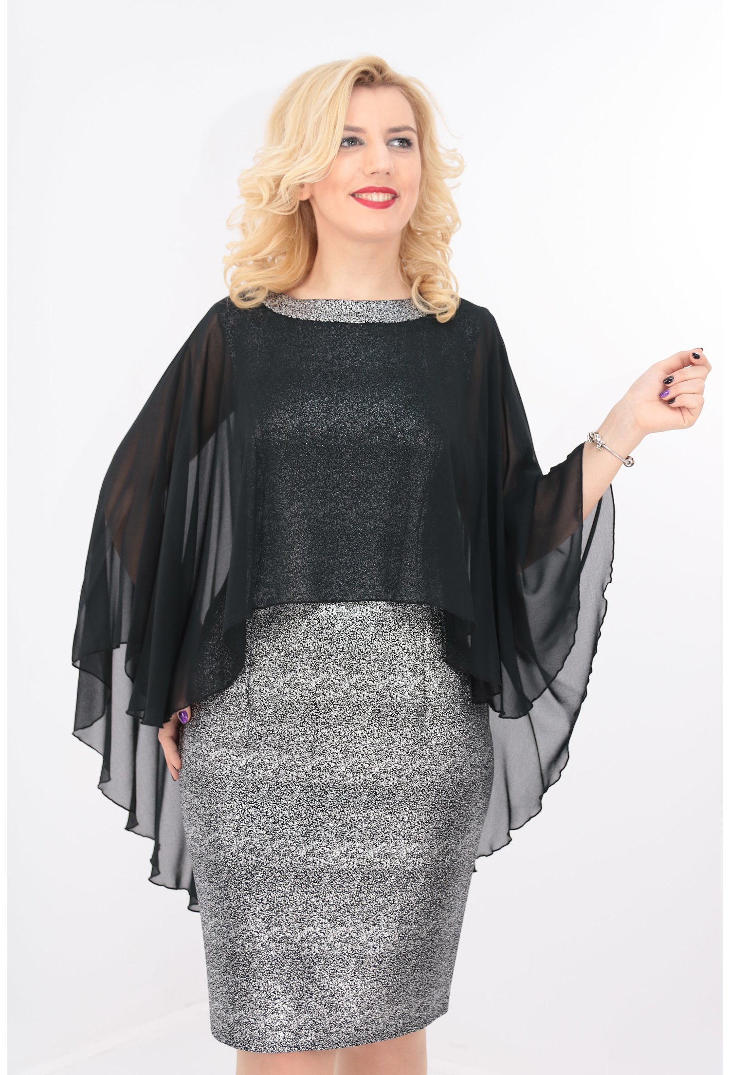 Rochie eleganta din stofa neagra-argintie si voal negru