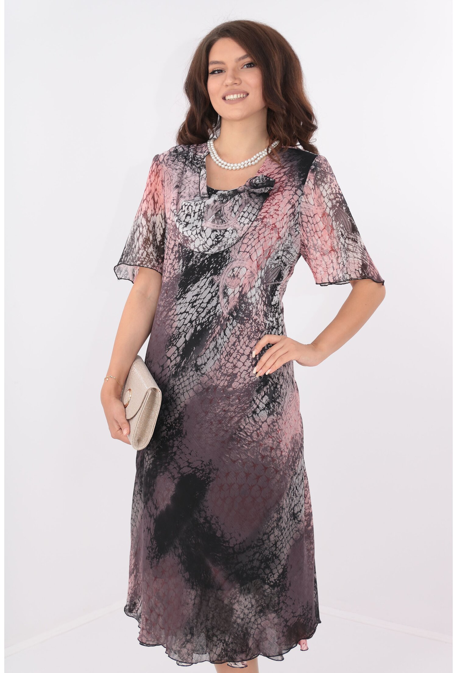 Rochie eleganta din voal imprimat roz