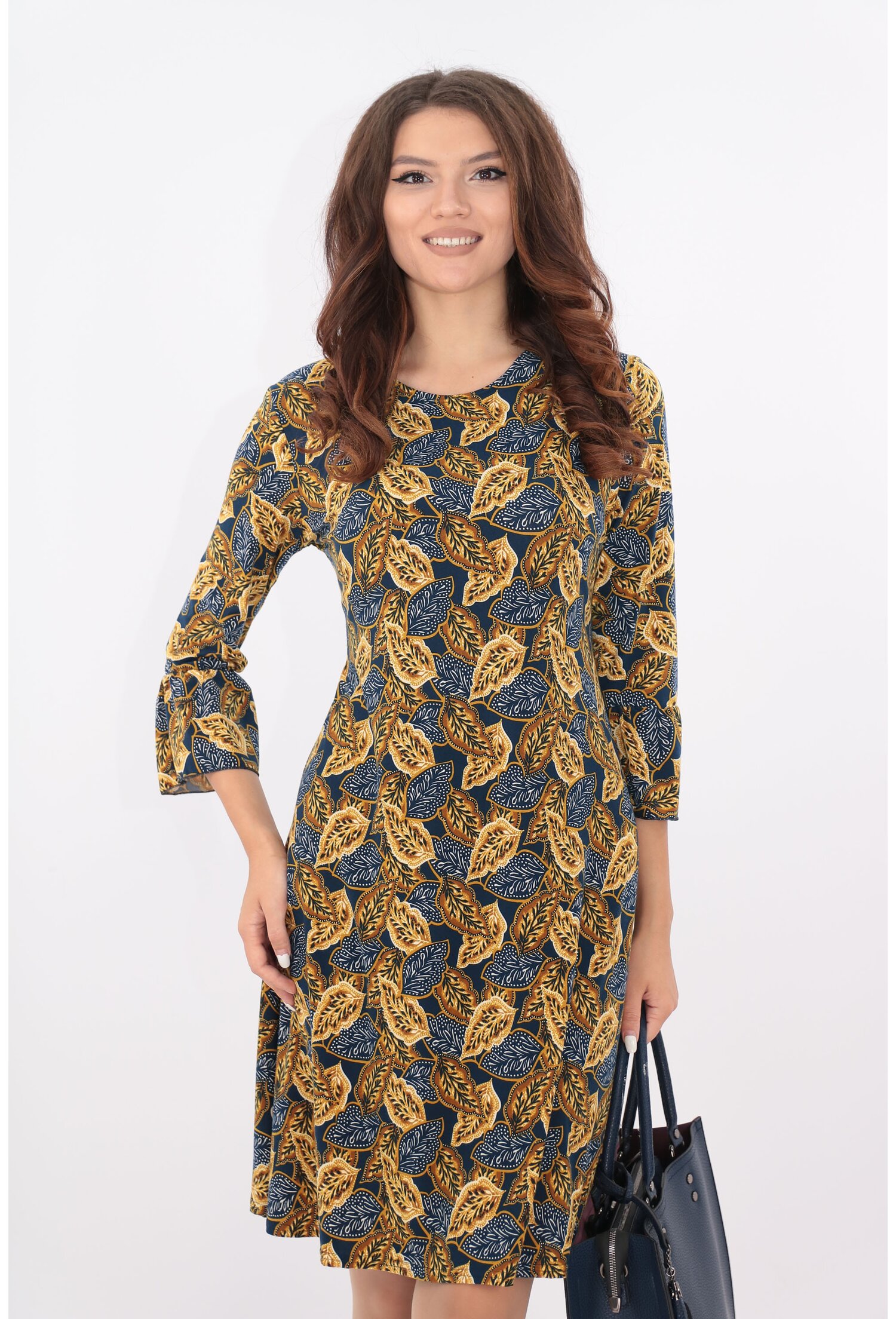 Rochie evazata bleumarin cu frunze mustar