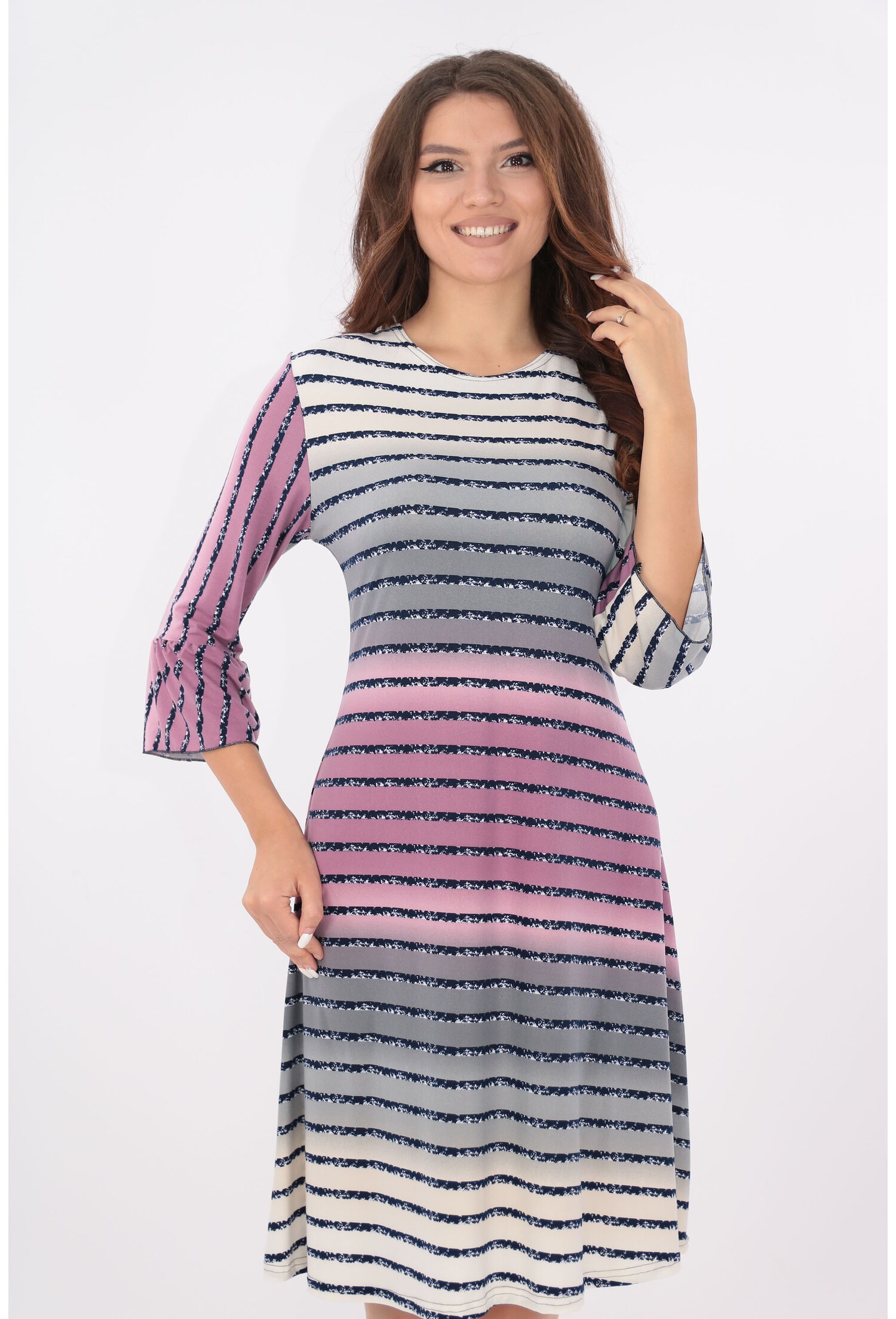 Rochie gri cu dungi roz si bleumarin