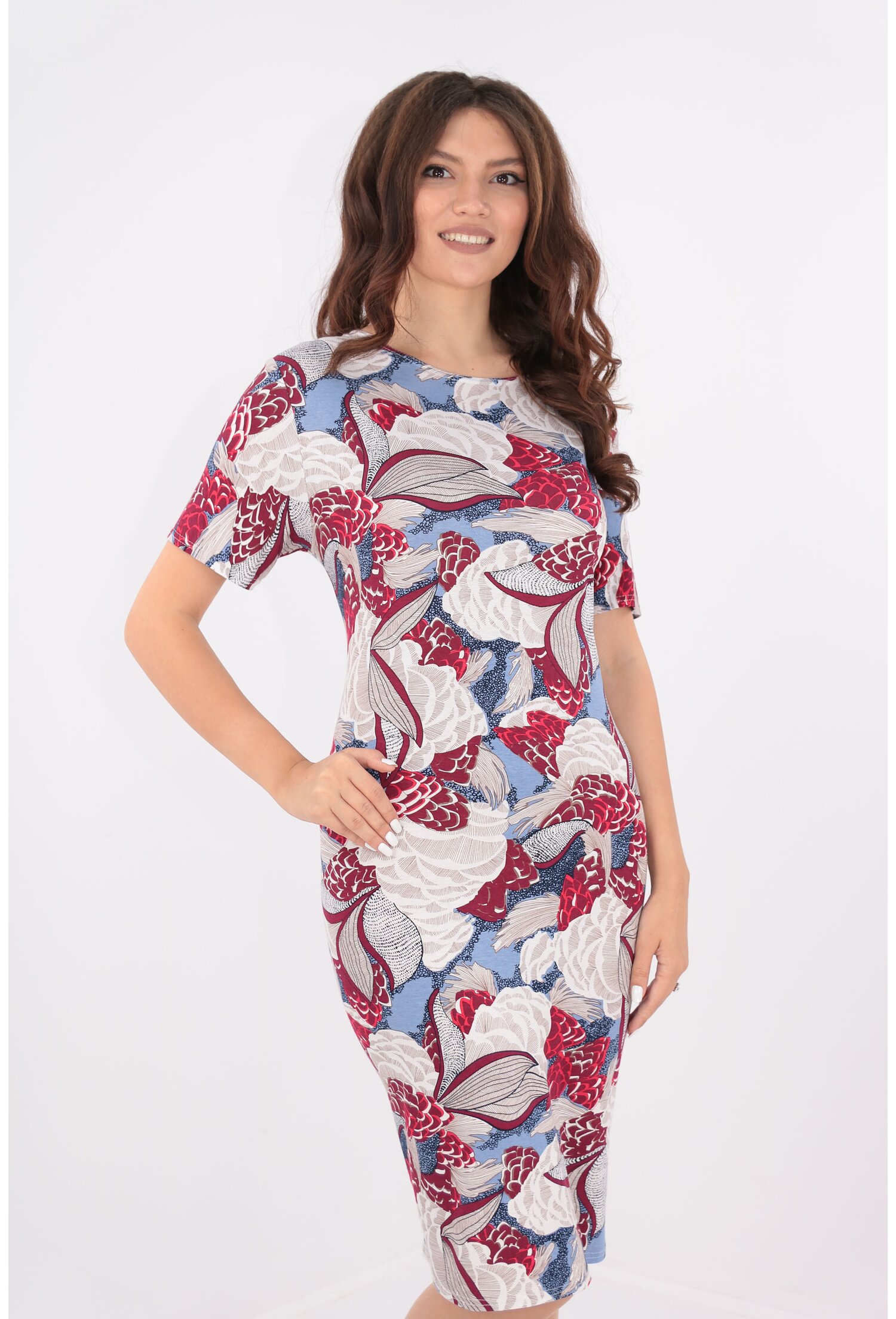 Rochie lejera cu print floral bordo-bej