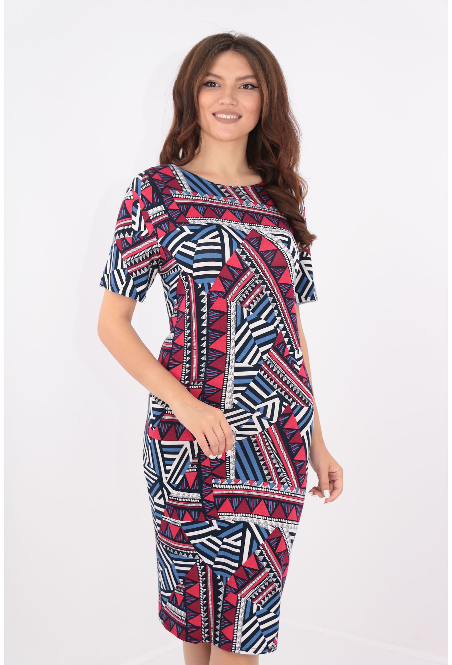 Rochie lejera cu print geometric rosu-albastru