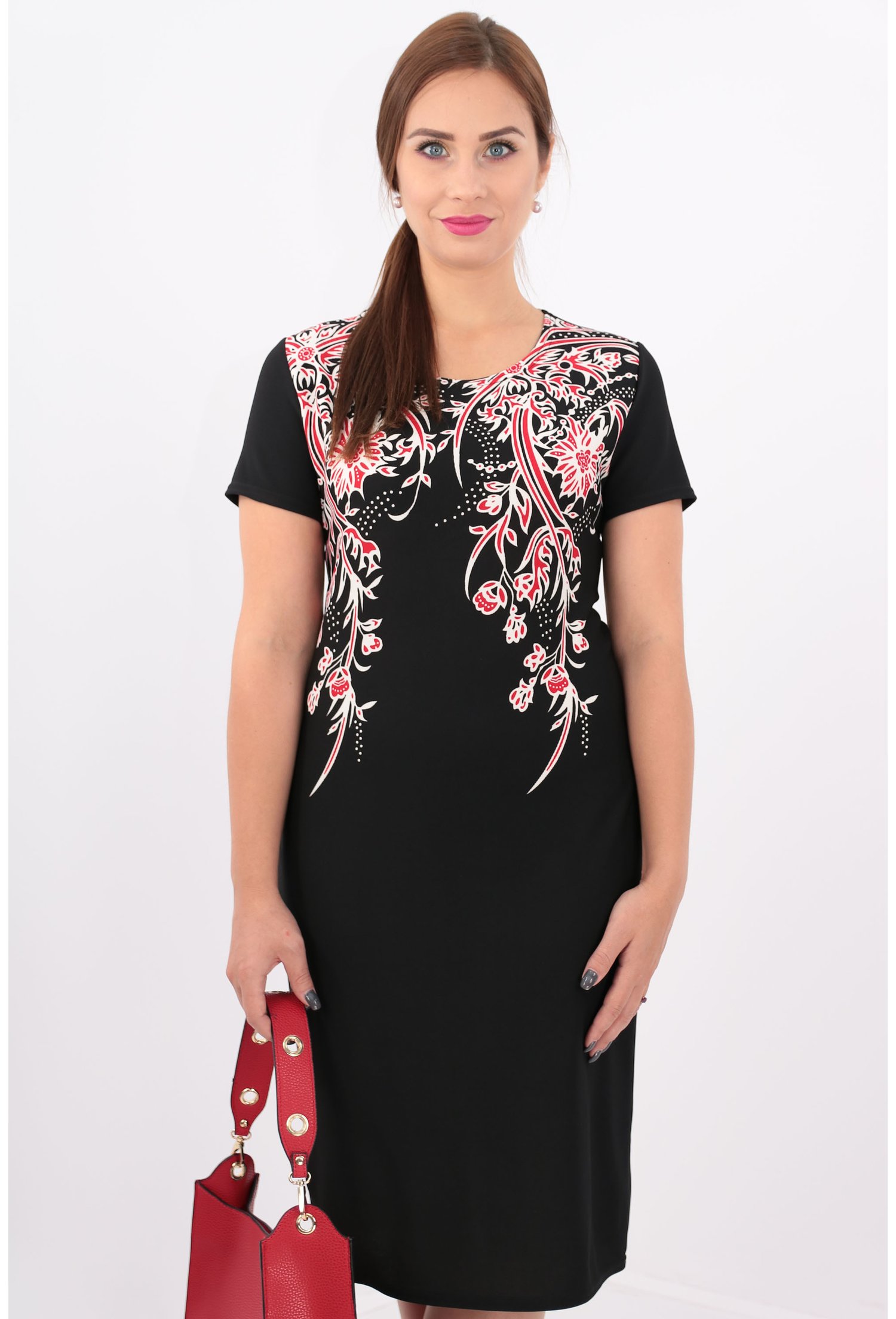 Rochie neagra cu print floral rosu si alb