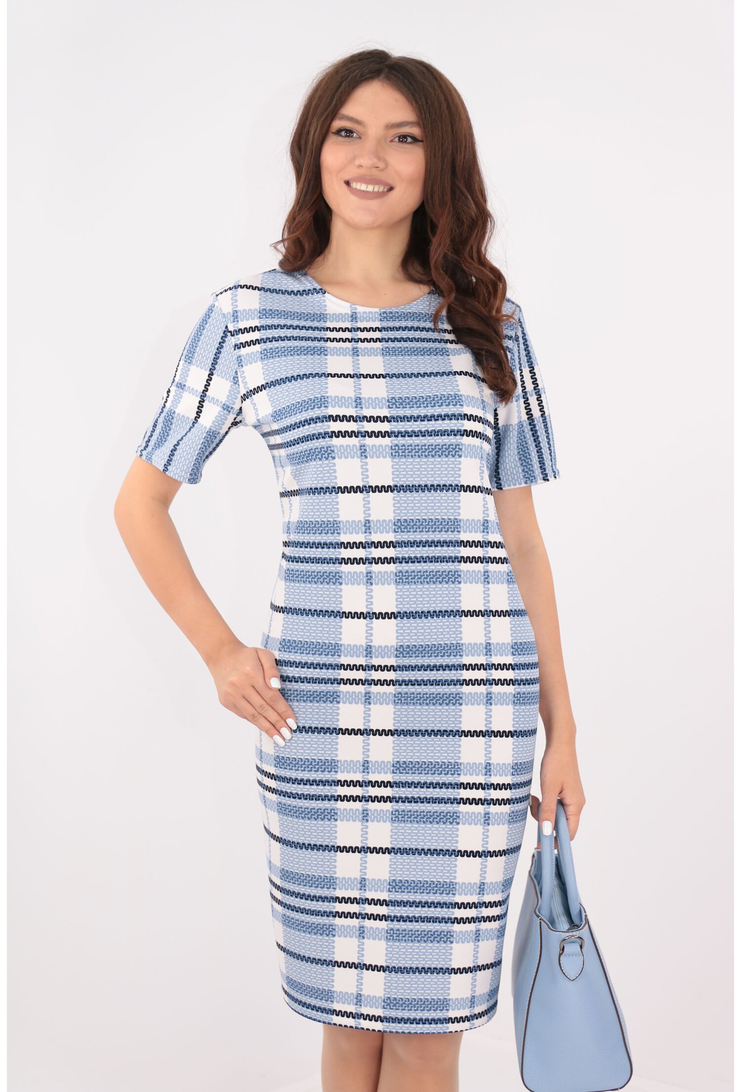 Rochie office alba cu carouri albastre