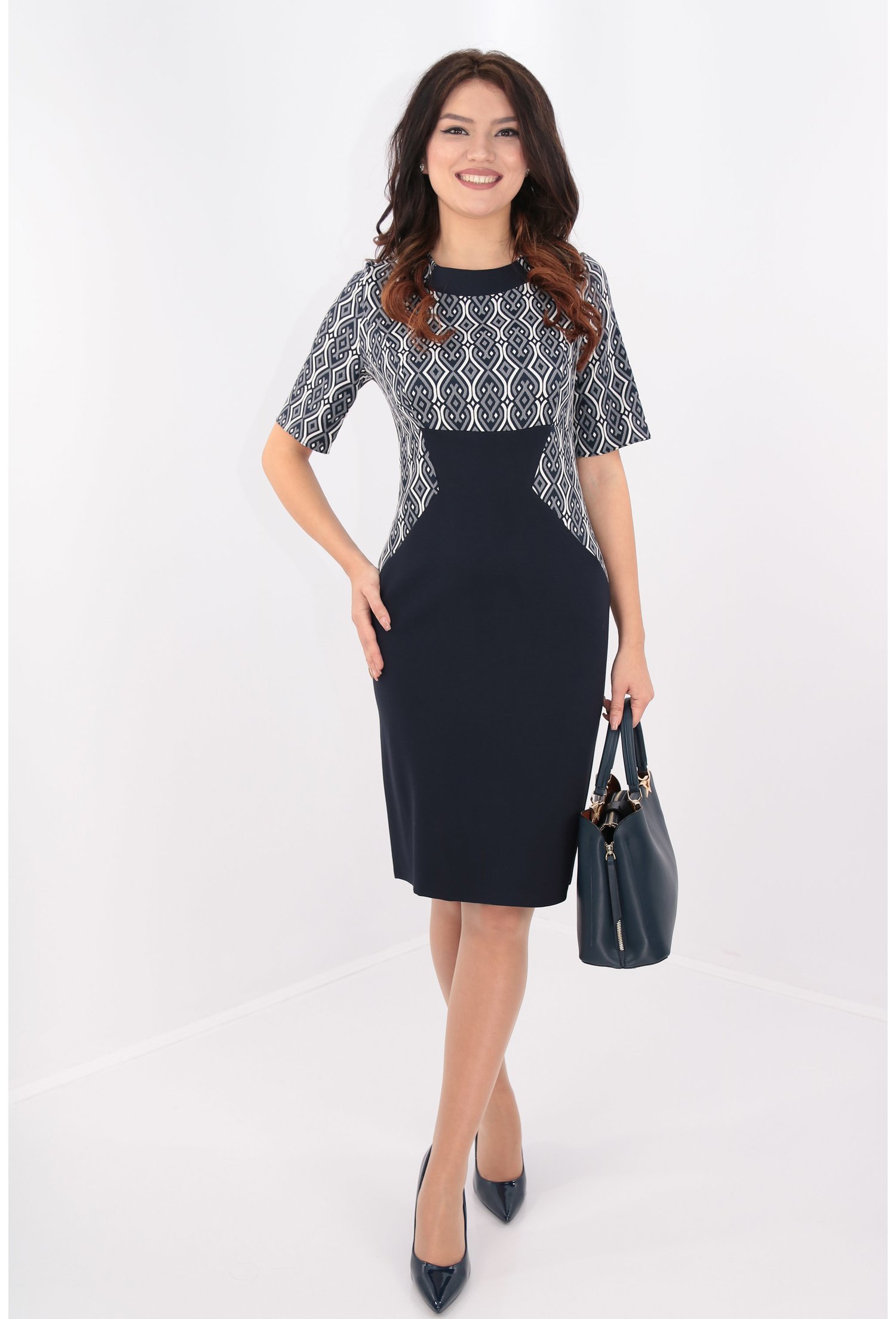 Rochie office bleumarin cu alb