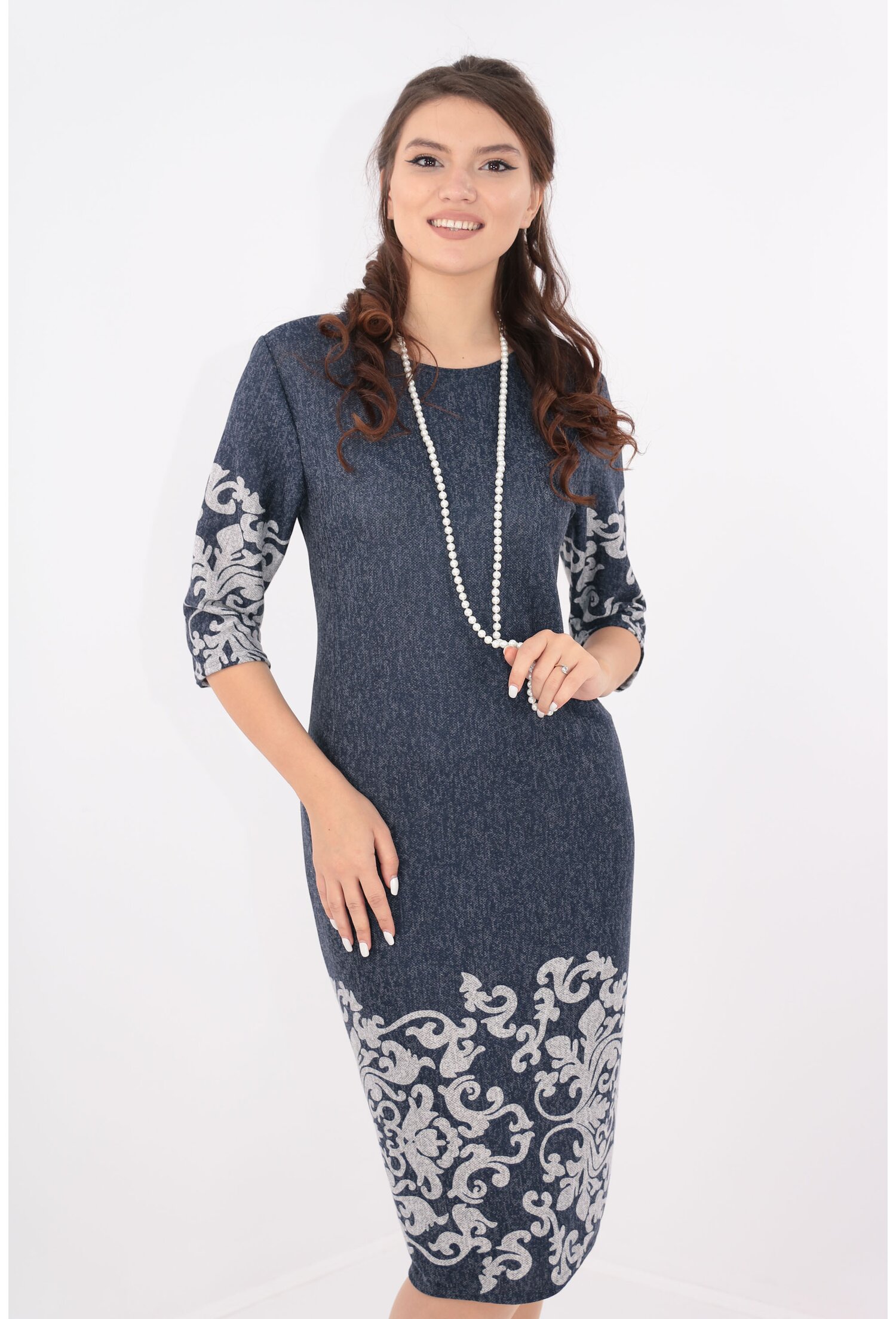 Rochie office bleumarin cu bordura gri florala