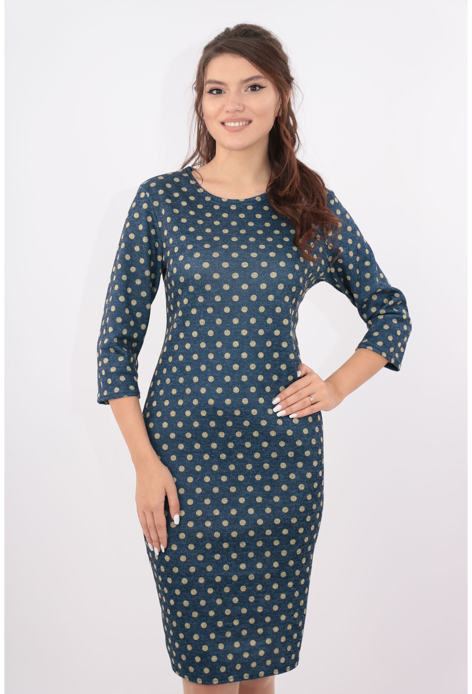 Rochie office bleumarin cu buline bej