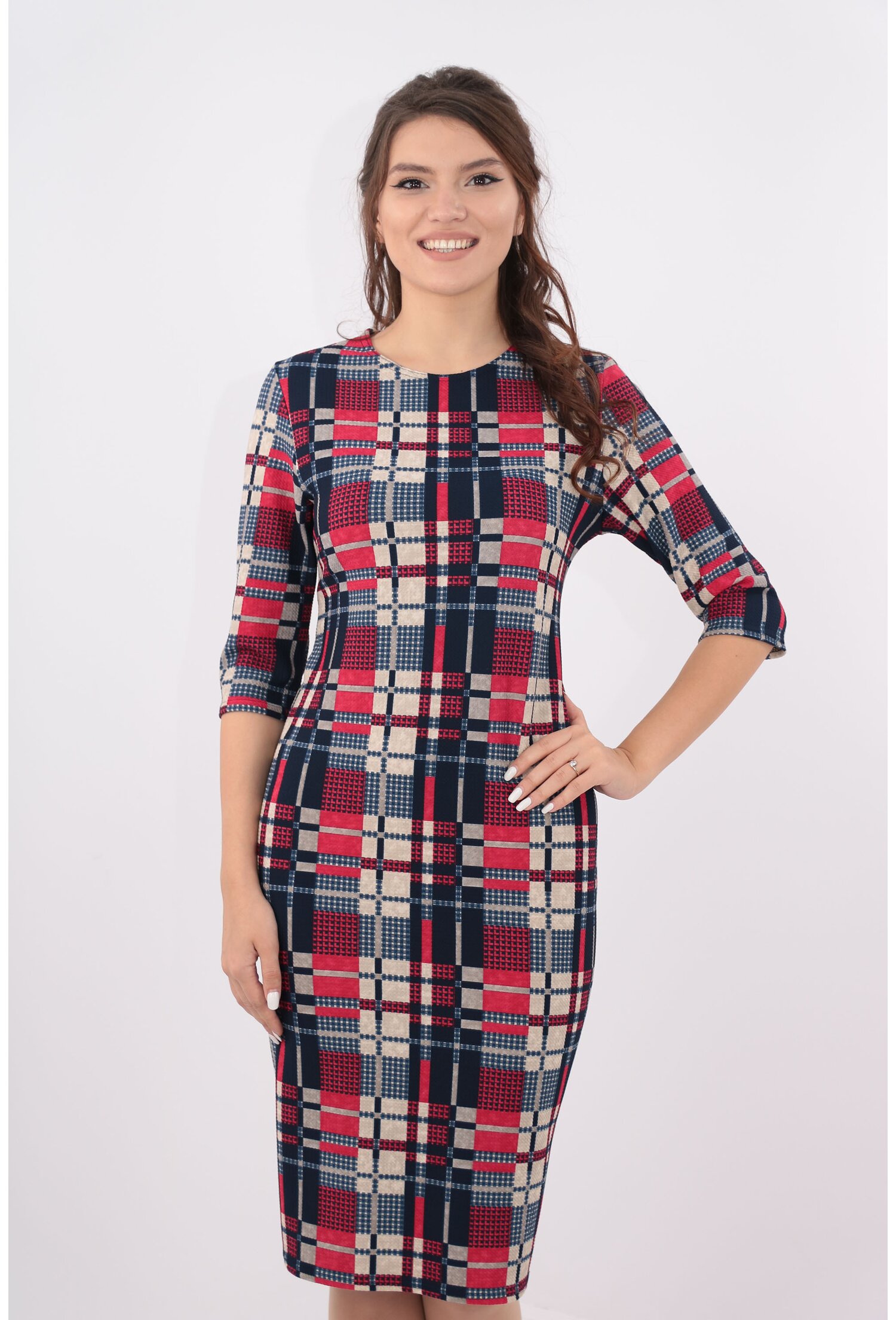 Rochie office bleumarin cu carouri rosii si ivory