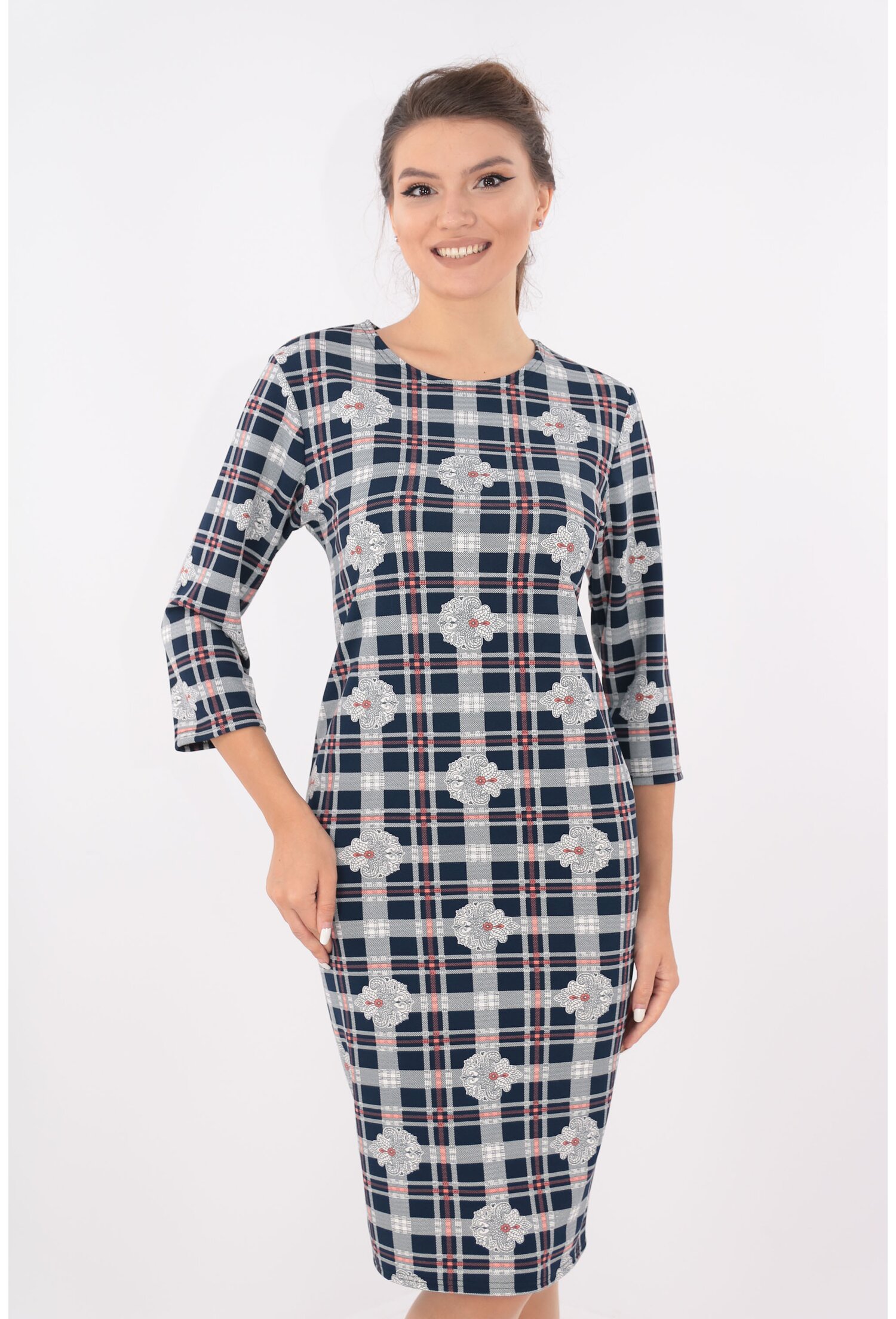 Rochie office bleumarin cu carouri si flori