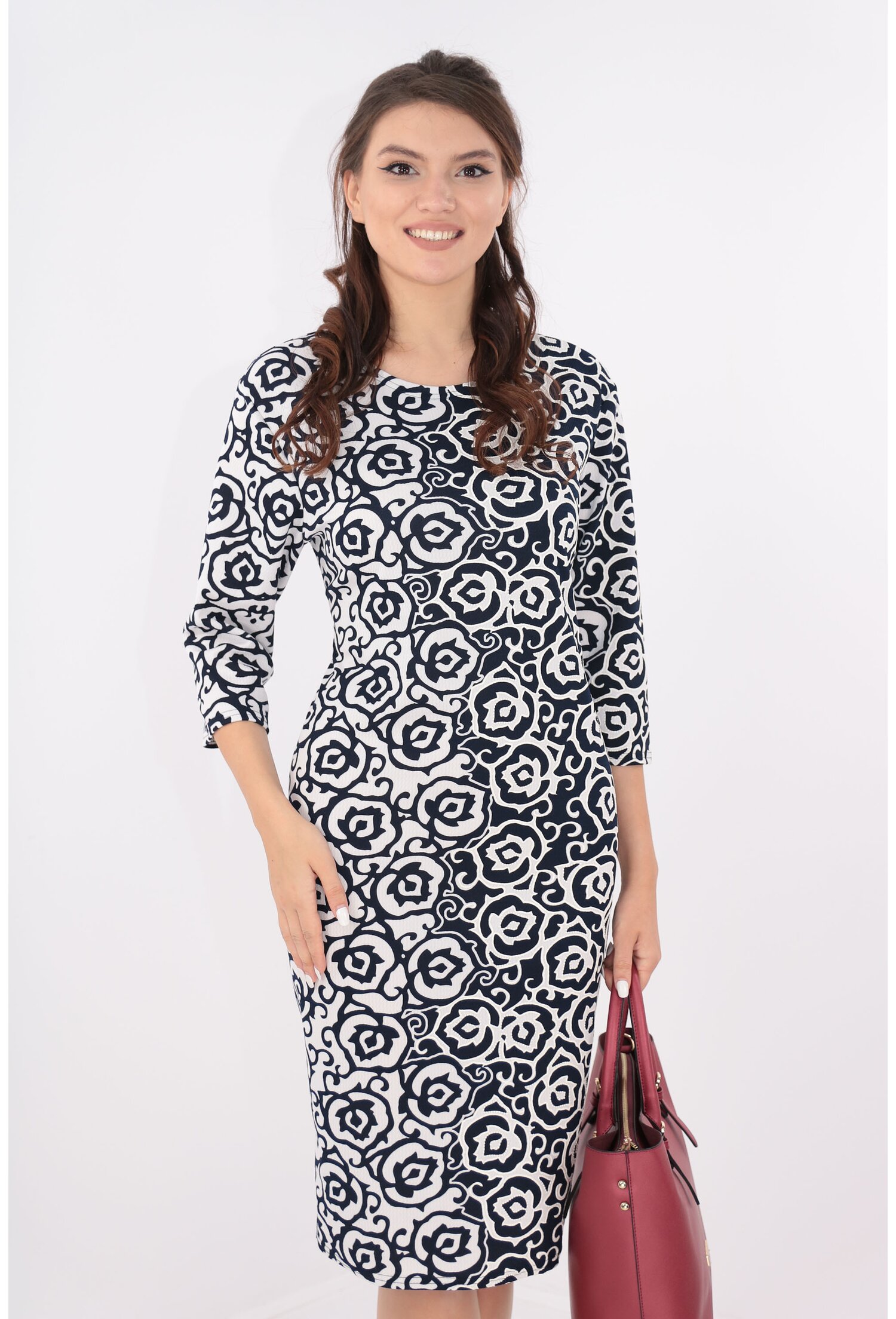 Rochie office bleumarin cu desen abstract alb