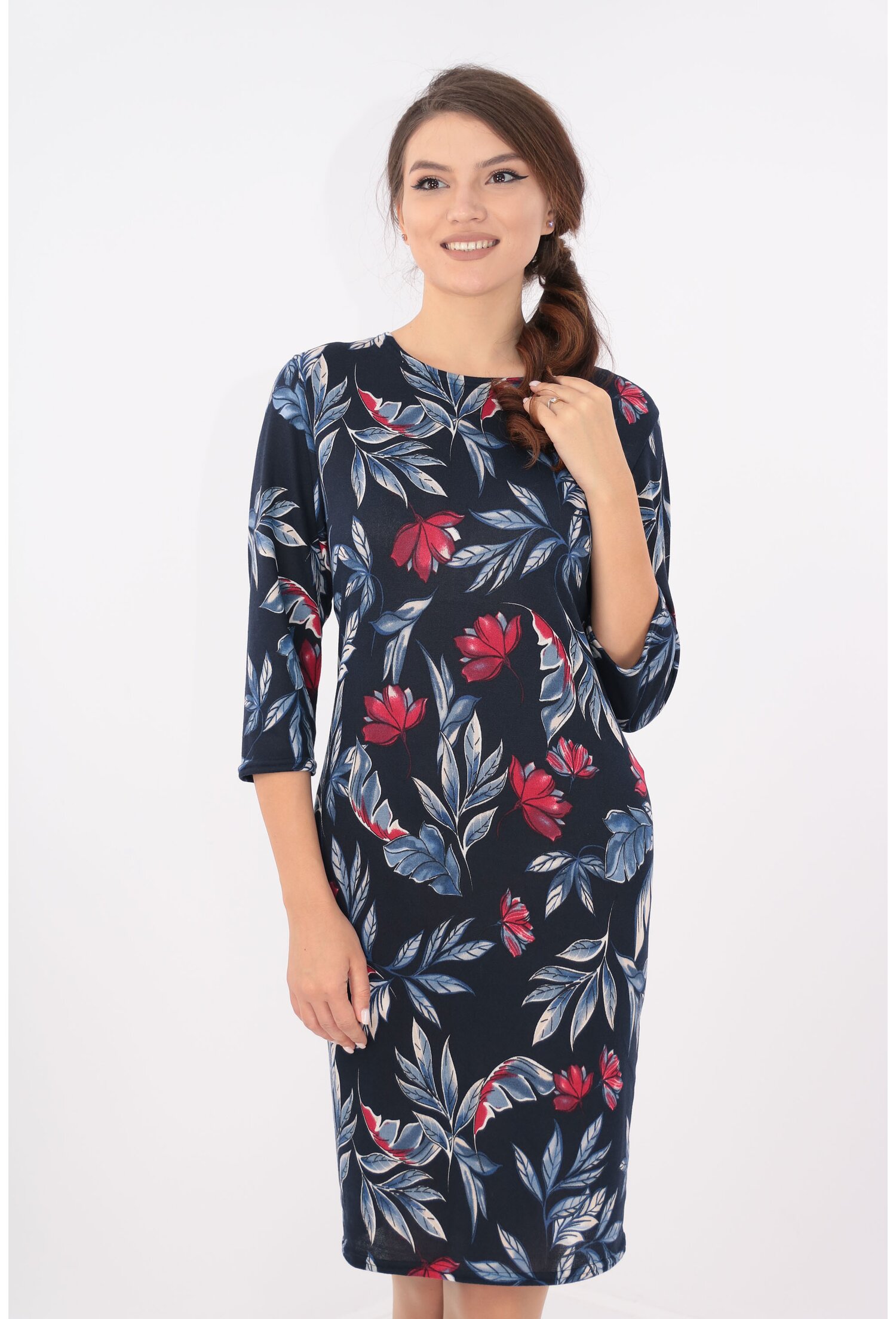 Rochie office bleumarin cu desen floral bordo