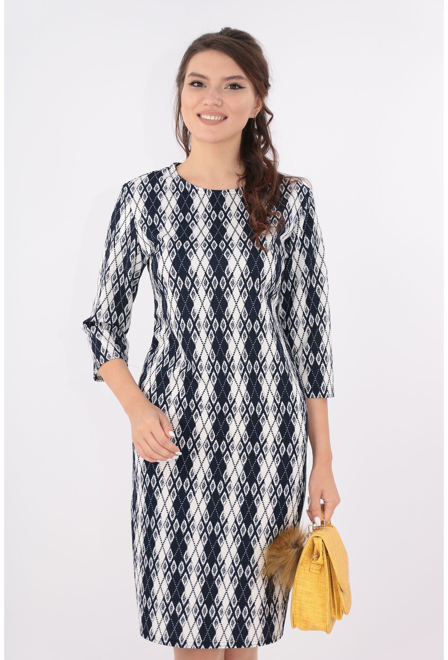 Rochie office bleumarin cu desen geometric ivory