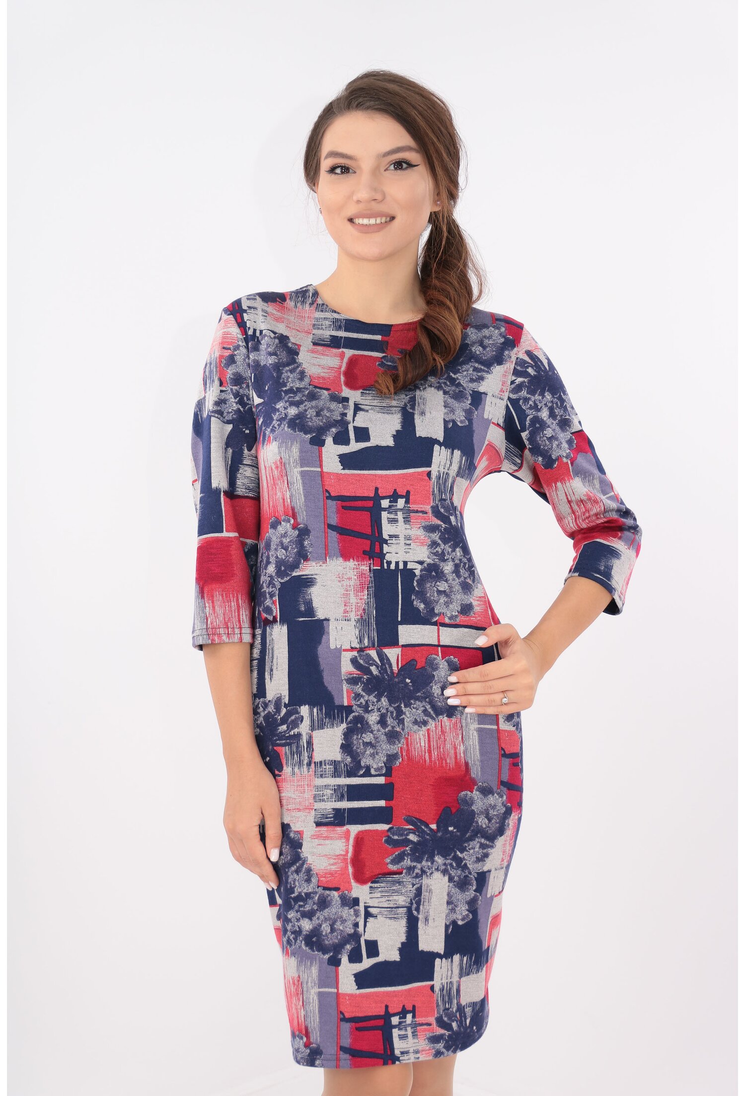 Rochie office bleumarin cu desen rosu si gri