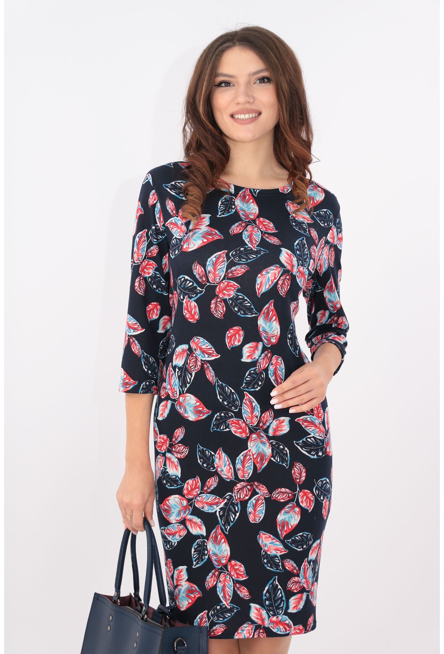Rochie office bleumarin cu print floral bleu-rosu