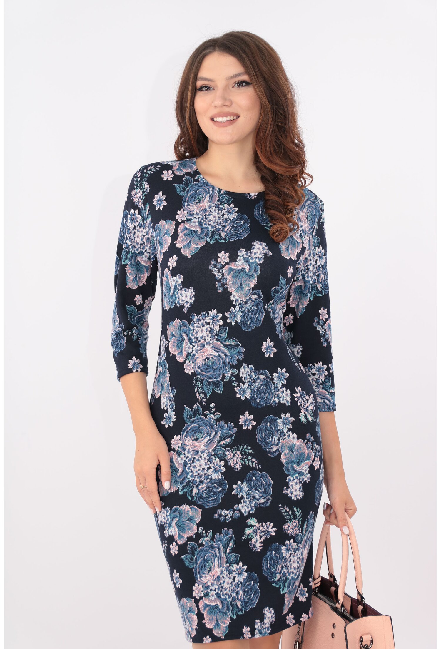 Rochie office bleumarin cu trandafiri lila
