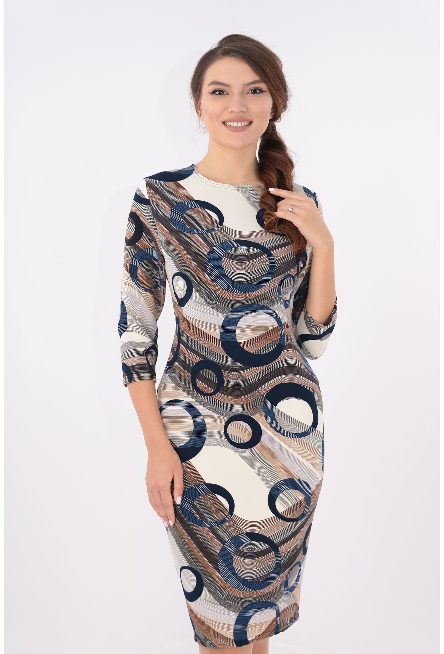 Rochie office crem cu cercuri maxi bleumarin