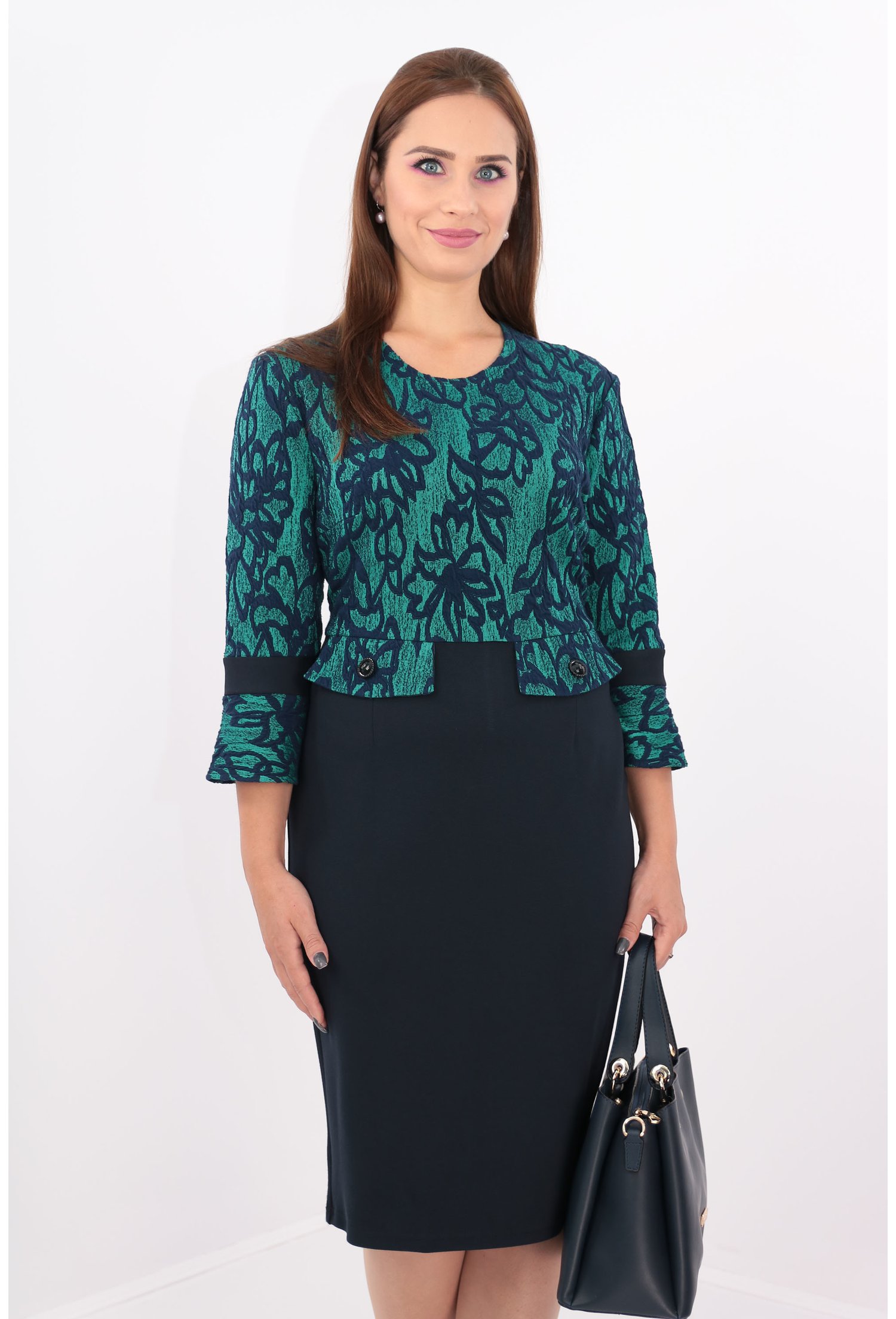 Rochie office din brocard elastic verde