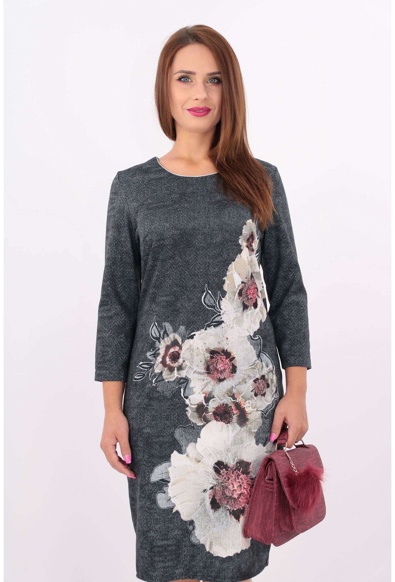 Rochie office dreapta gri cu print cu flori albe