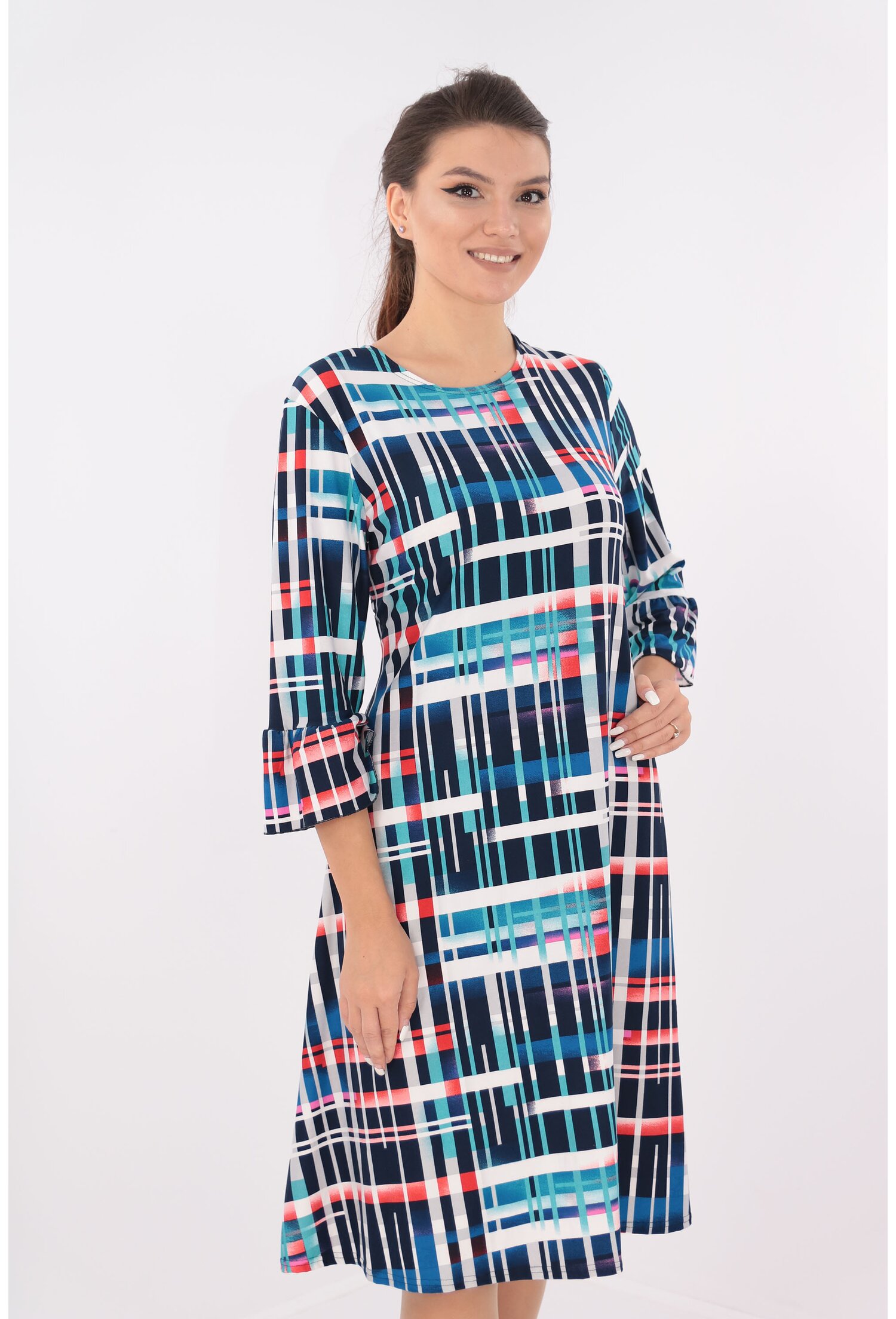Rochie office evazata cu carouri multicolore