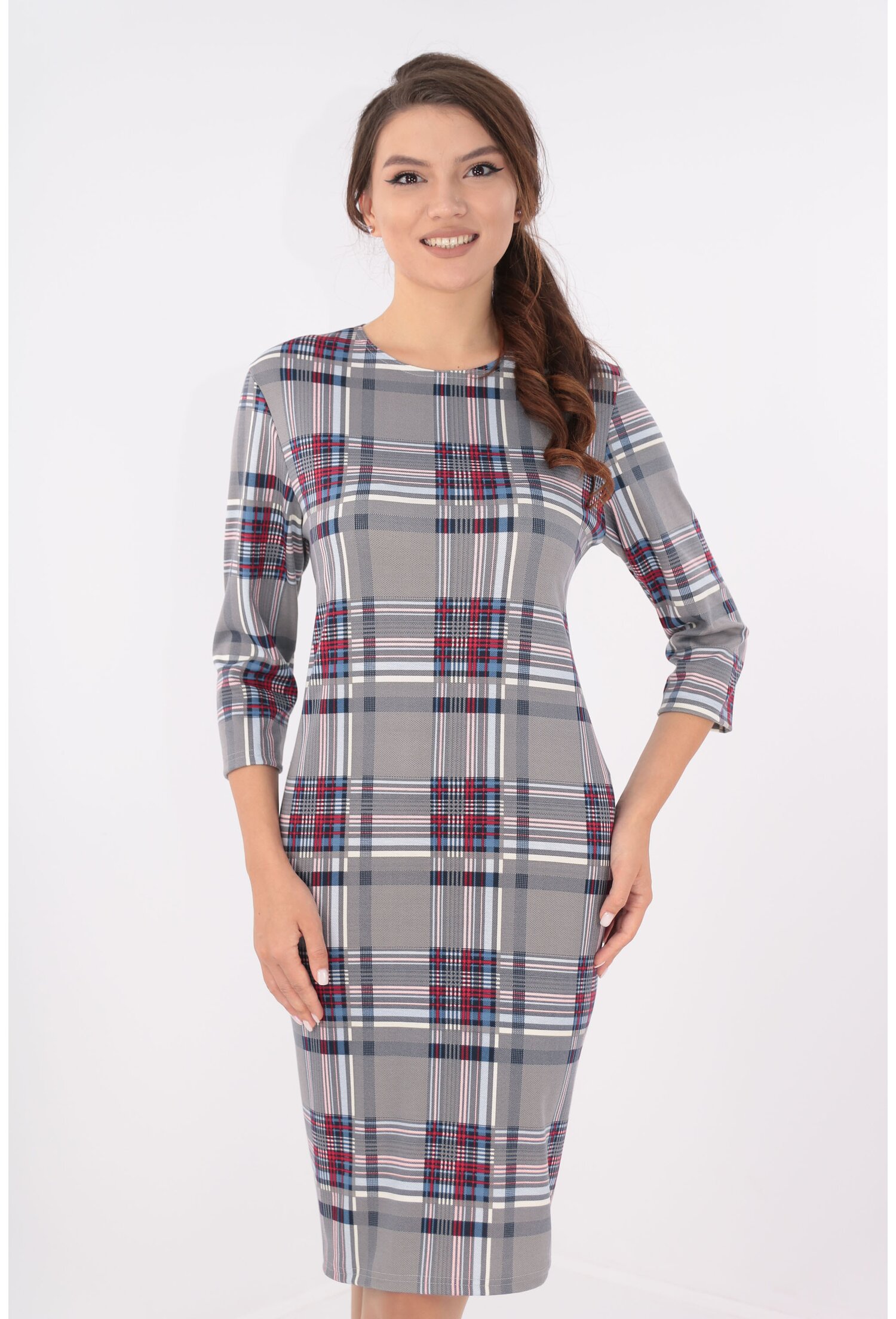 Rochie office gri cu carouri multicolore