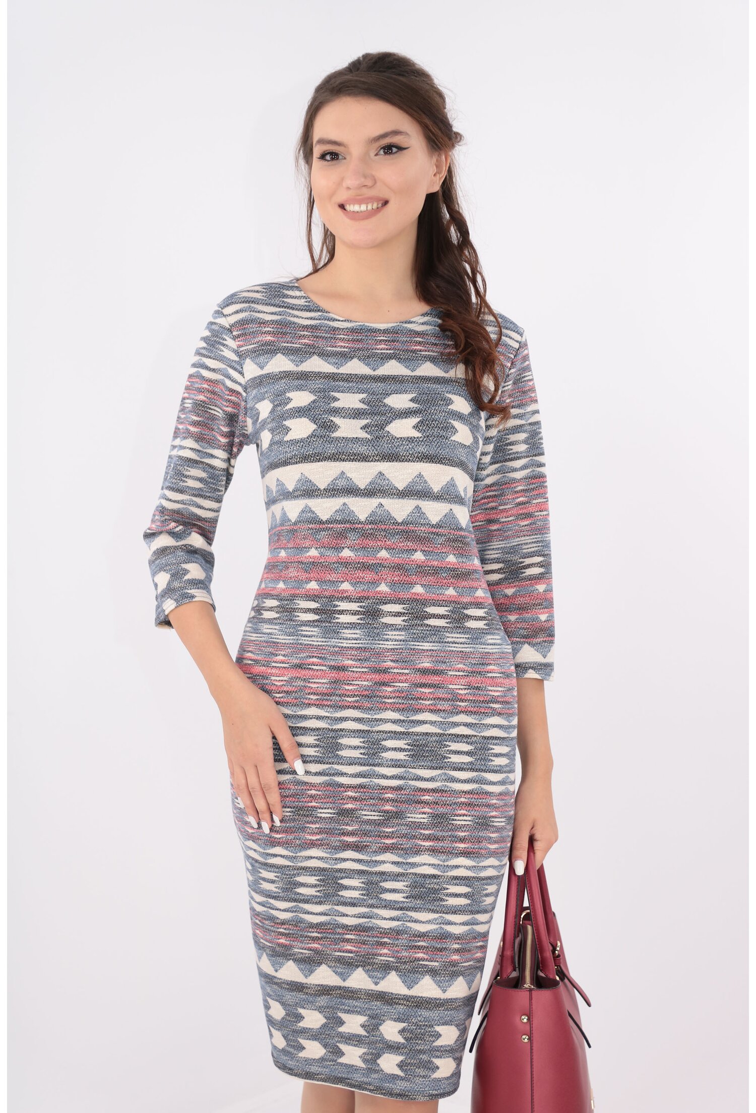 Rochie office gri cu desen etno