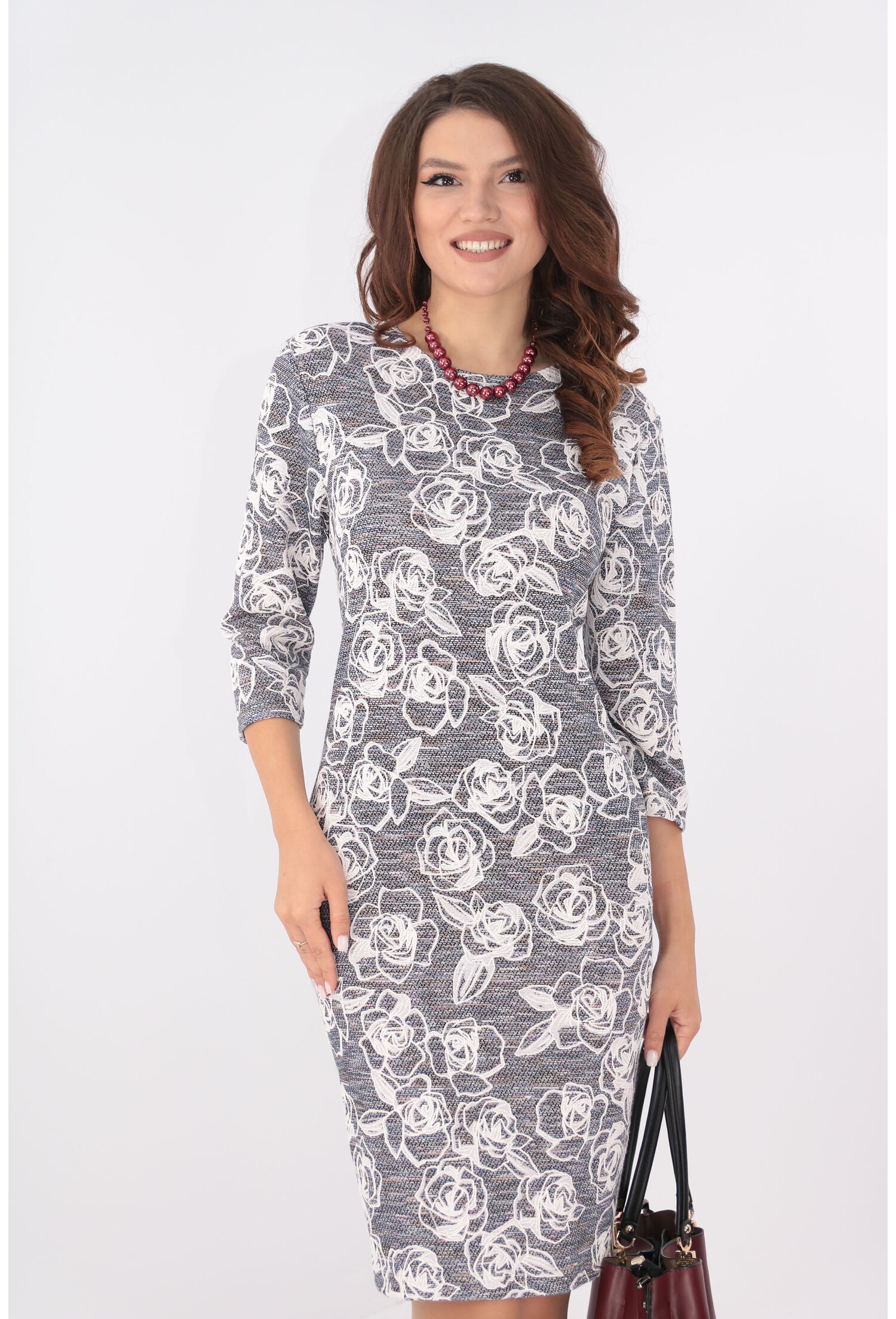 Rochie office gri cu print floral alb
