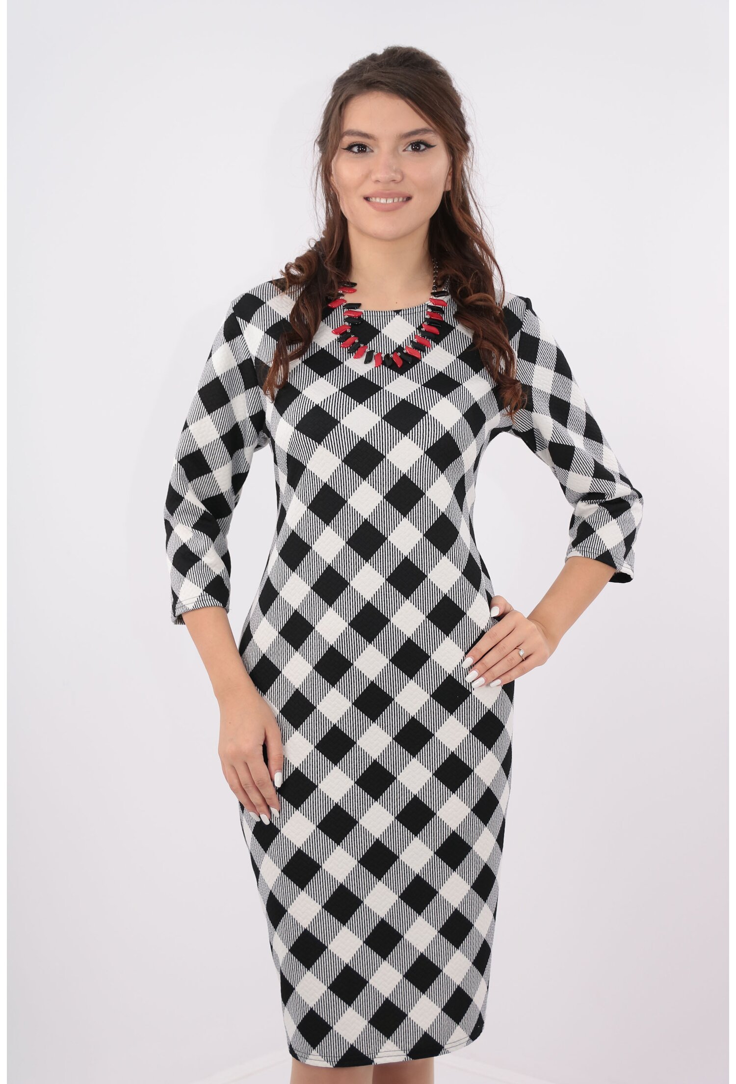 Rochie office neagra cu romburi albe