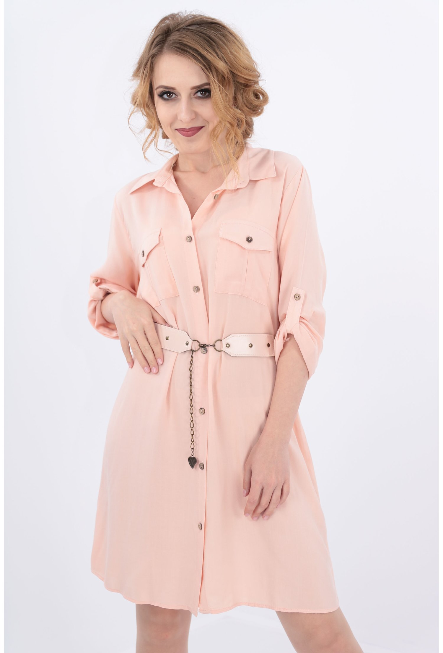 Rochie roz tip camasa cu curea