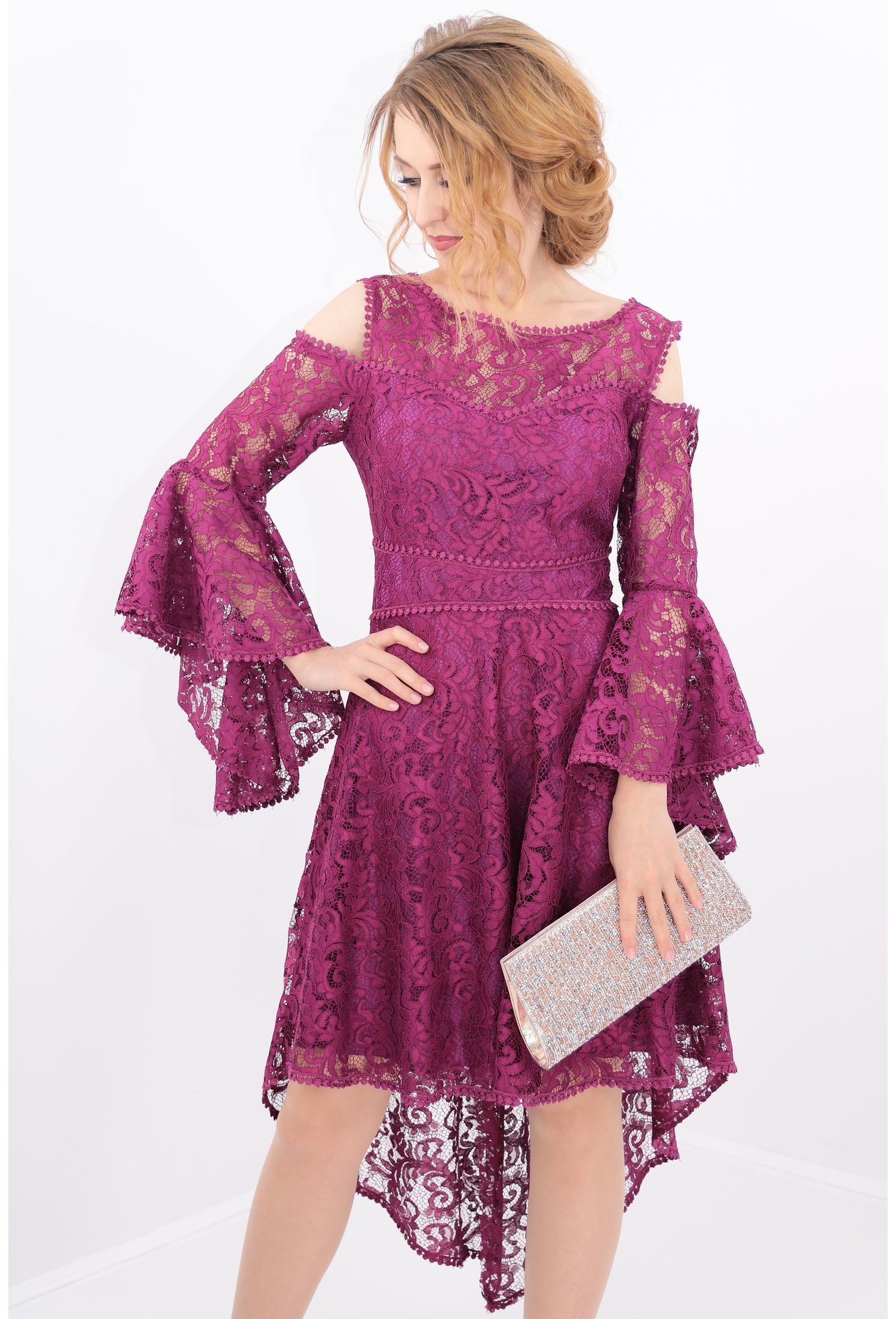 Rochie violet asimetrica din dantela