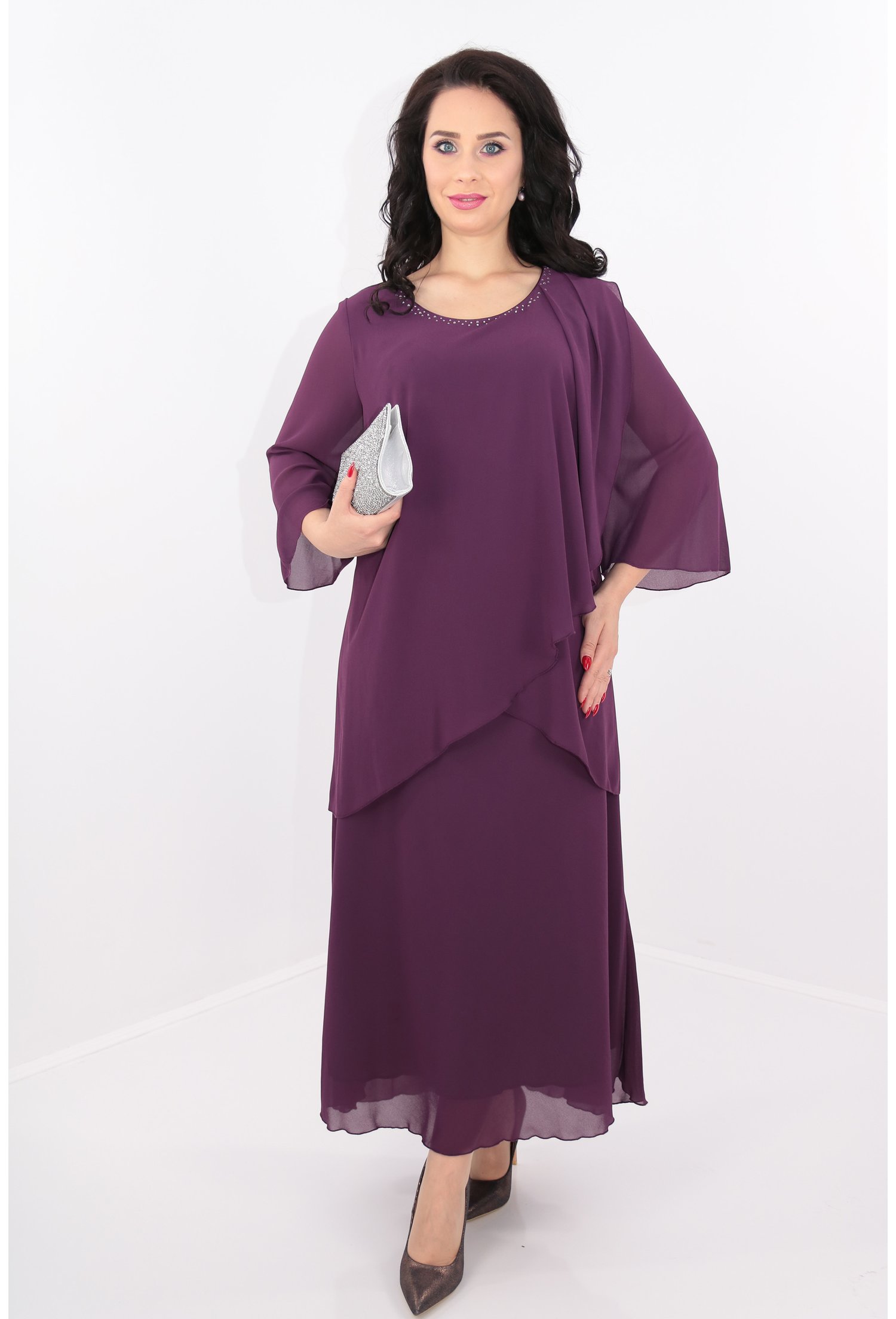 Rochie violet din voal cu strasuri argintii