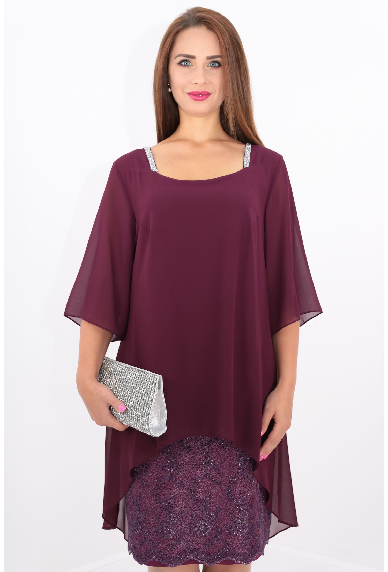 Rochie violet din voal si dantela