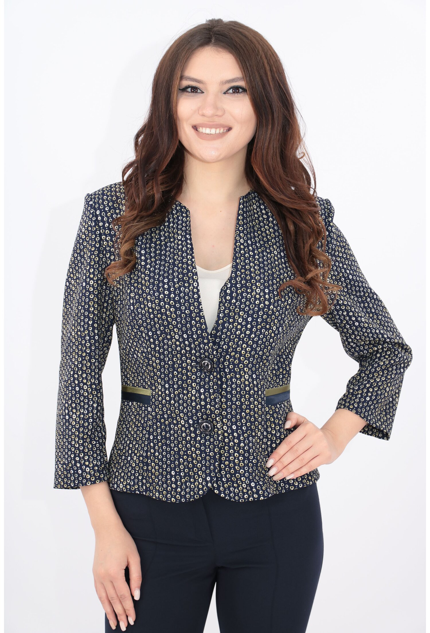 Sacou bleumarin cu print discret olive