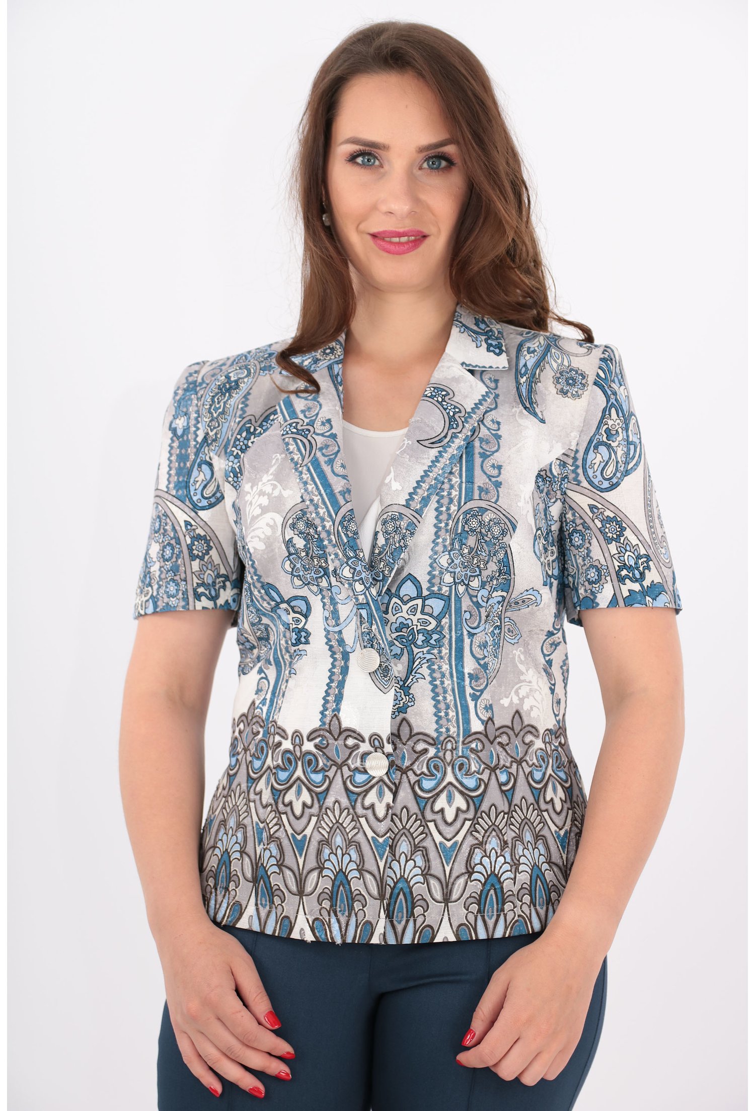 Sacou din in cu imprimeu floral bleu
